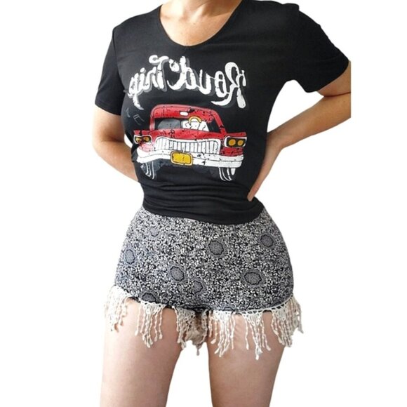 BREEZE EVER- Black/White Paisley Boho Resortwear Shorts Macrame Trim- S - Picture 3 of 11